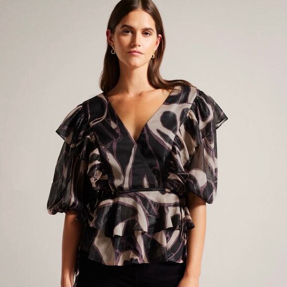 Ted Baker Tops - Ted Baker Jasmyna Ruffle V-Neck Metallic Blouse